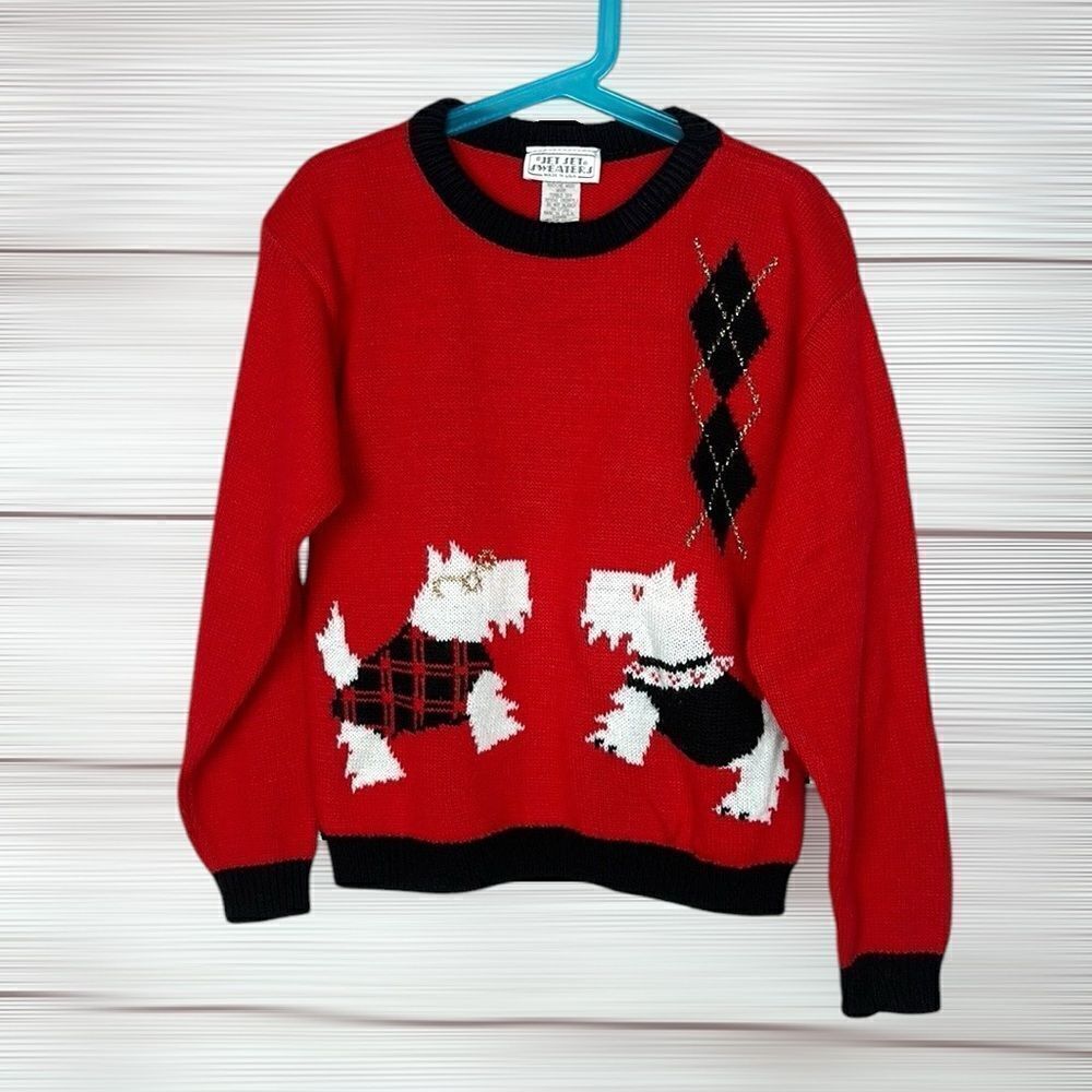 Vintage Kid’s Jet Set Red Sweater with Scottish Terrier Dogs Medium 10-12